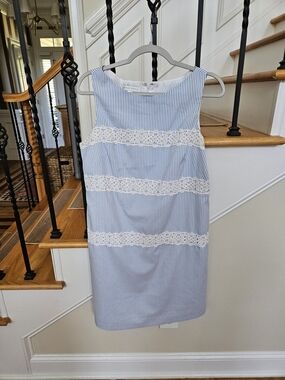 London Times Blue & White Striped Shift Dress with Lace Trim